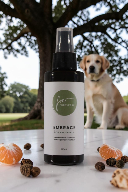 A black spray bottle of the Embrace dog cologne with its white label with the green Furever M logo on it, placed on a white marble table outside surrounded by various ingredients, with a large labrador dog and tree in the background.